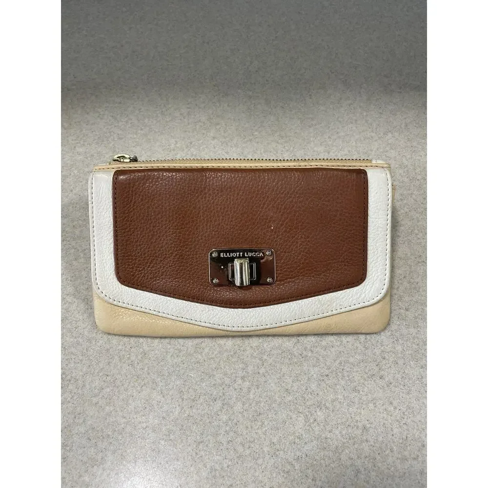 Elliott Lucca Pebbled Leather Envelope Clutch Wallet Turn Lock Purse Brown/Cream